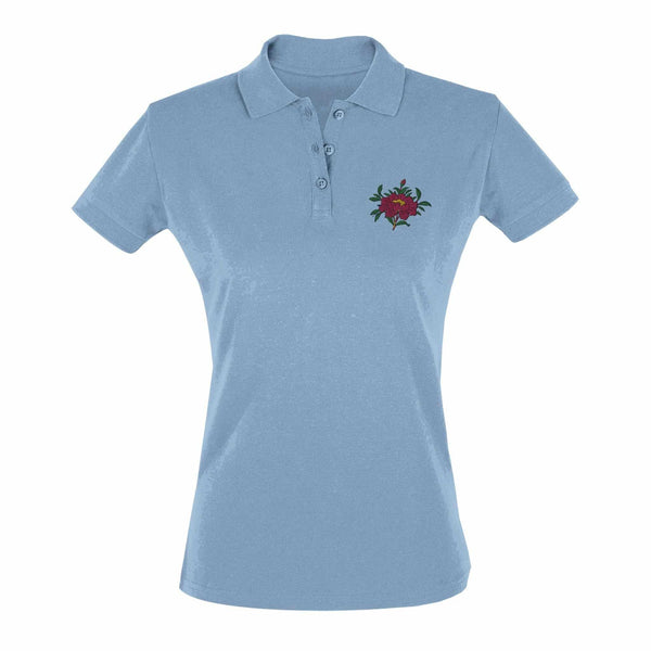 T-shirt polo bleu clair avec broderie fleur rouge, vêtement bouddhiste tibétain