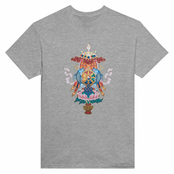 T-shirt gris avec symbole bouddhiste tibétain, poissons, lotus et nœud sans fin, art spirituel de l'Himalaya