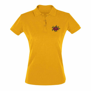 Polo jaune femme avec broderie fleur violette, style tibétain