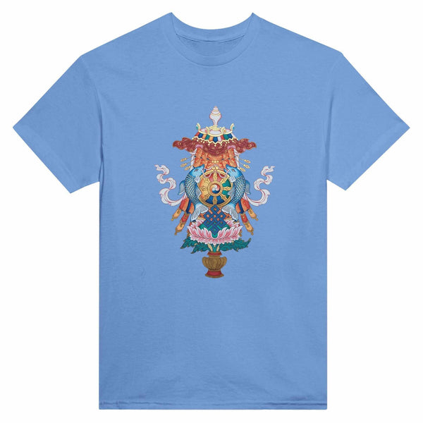 T-shirt bleu avec symbole bouddhiste tibétain, poissons, lotus et roue de la loi