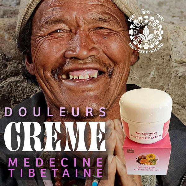 Crème médicinale tibétaine pour douleurs, produit de médecine traditionnelle avec logo Men-Tsee-Khang