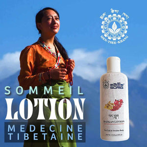 Lotion Baekan de médecine tibétaine pour corps froid et enflé, avec femme en tenue traditionnelle et logo Men-Tsee-Khang