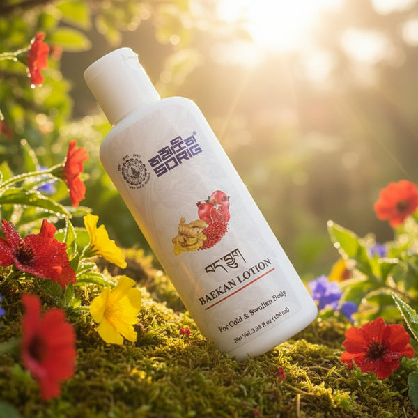 Baekan Lotion pour corps froid et enflé, produit naturel de médecine tibétaine, entouré de fleurs et de mousse