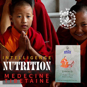 Médicament tibétain Lhophel Dhutse pour l'intelligence, avec moines bouddhistes et logo Men-Tsee-Khang
