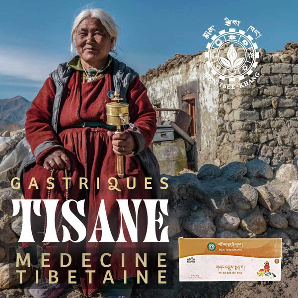 Femme tibétaine avec moulin à prières, thé Tisane pour troubles gastriques, médecine tibétaine Men Tsee Khang