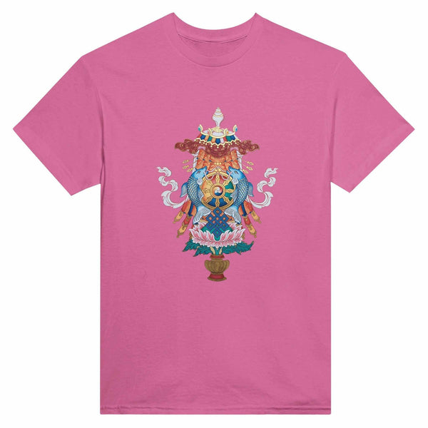 T-shirt rose avec symboles bouddhistes tibétains : poissons, roue, nœud et lotus