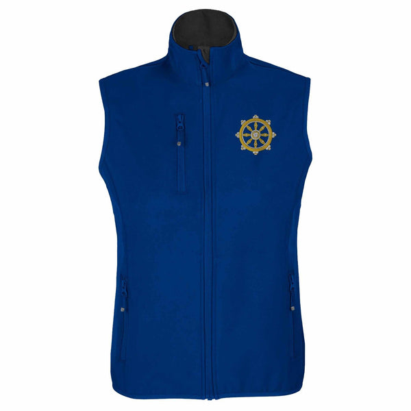 Gilet bleu roi avec roue de la loi bouddhiste brodée, symbole de la philosophie tibétaine