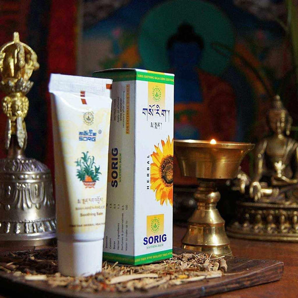 Baume apaisant Sorig à base de plantes, produit de médecine tibétaine avec décor bouddhiste