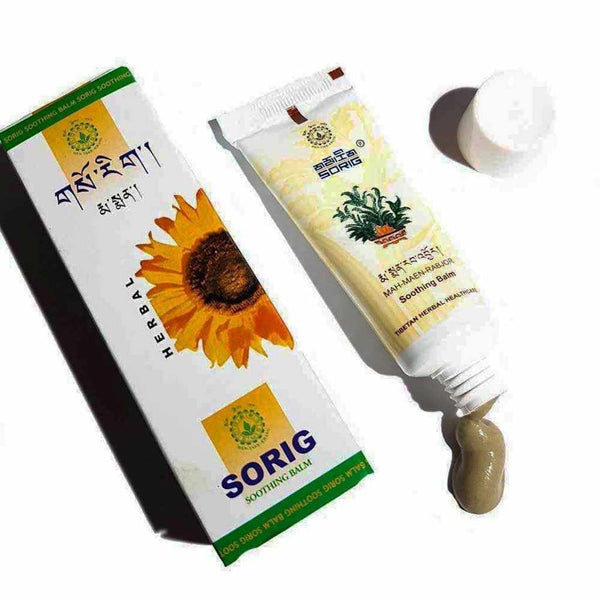 Baume apaisant Sorig à base de plantes tibétaines, produit naturel de médecine tibétaine avec emballage et tube ouvert