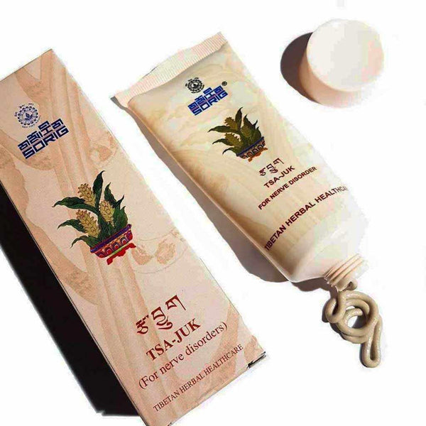 Crème tibétaine TSA-JUK pour troubles nerveux, soin herbal traditionnel avec emballage et tube ouvert