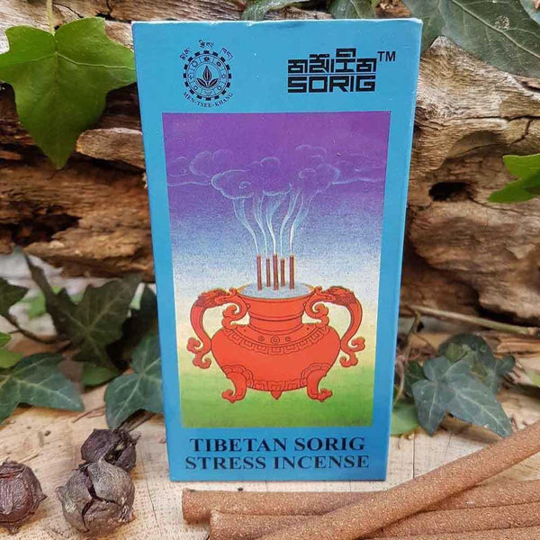 Encens tibétain Sorig pour le stress, boîte bleue avec brûle-parfum rouge, naturel et traditionnel