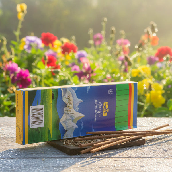 Encens tibétain naturel pour méditation, boîte colorée sur bois avec fleurs en arrière-plan