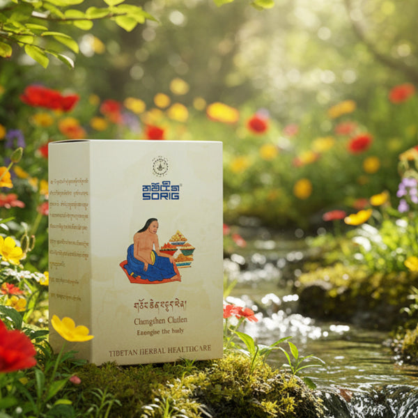Boîte de soins naturels tibétains Chumgshen Chutlen, produits de médecine tibétaine dans un jardin fleuri