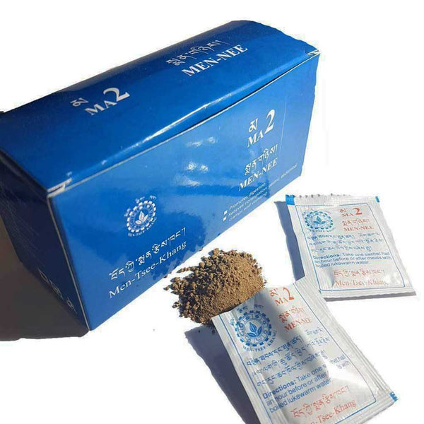 Poudre tibétaine Men-Tsee-Khang MA2 pour digestion, sachets individuels et boîte bleue
