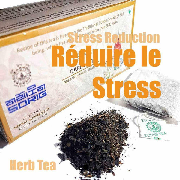 Thé aux herbes tibétain pour réduire le stress, infusion naturelle Sorig, sachets et feuilles visibles