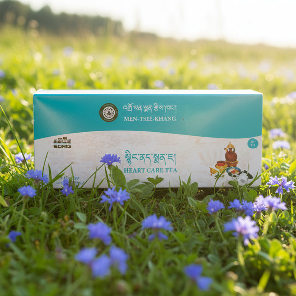Boîte de thé Heart Care Tea Men-Tsee-Khang dans un champ de fleurs bleues, produits de médecine tibétaine naturelle
