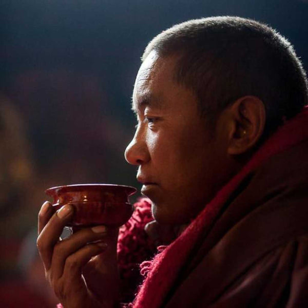 Moine bouddhiste tibétain en robe rouge buvant du thé, méditation et tradition spirituelle