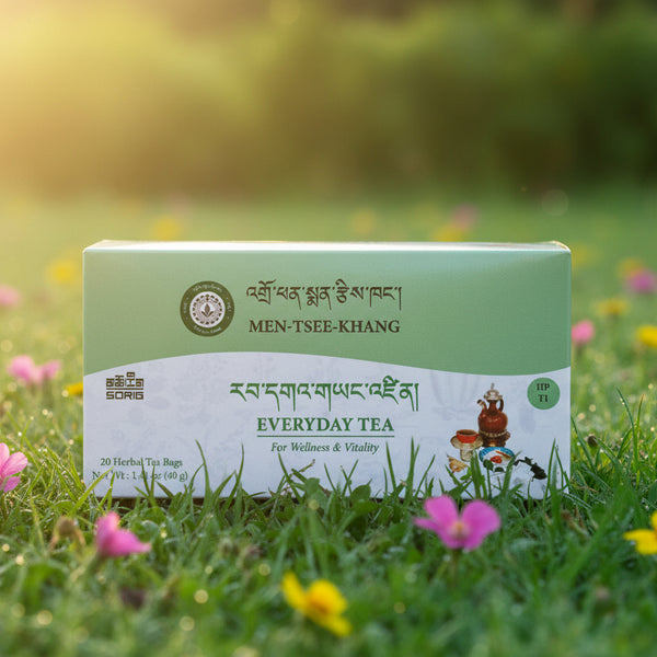 Thé tibétain Men-Tsee-Khang Everyday Tea pour bien-être et vitalité, sachets d'herbes naturelles en plein air