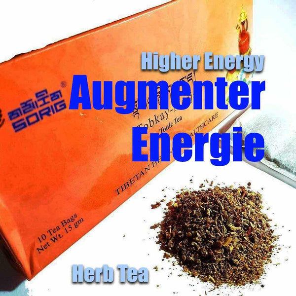 Thé tibétain aux herbes pour augmenter l'énergie, boîte orange avec feuilles séchées