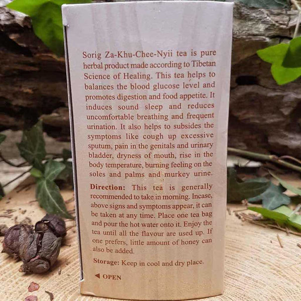 Thé Sorig Za-Khu-Chee-Nyii, produit herbal tibétain pour équilibre glycémique et digestion, selon la médecine tibétaine