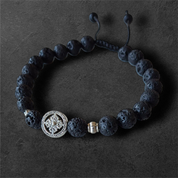 Bracelet en lave noire avec symbole bouddhiste, perles de méditation tibétaine