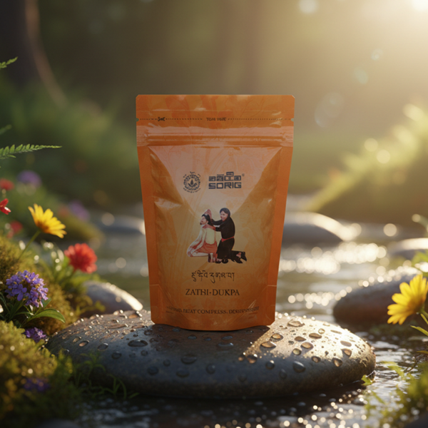 Sachet Zathi-Dukpa de médecine tibétaine naturelle, posé sur pierre au bord d'un ruisseau ensoleillé