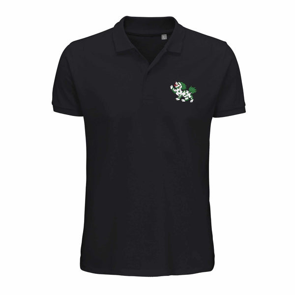 Polo noir avec lion tibétain brodé, symbole de la philosophie bouddhiste et culture himalayenne