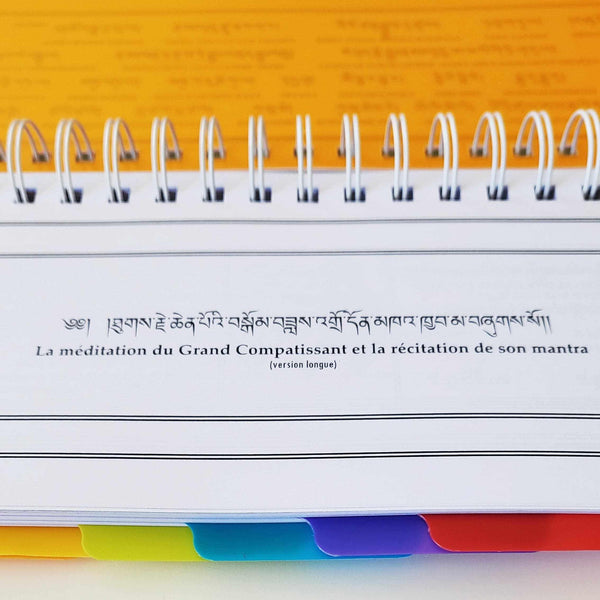 Livre de méditation bouddhiste avec texte tibétain et français, version longue du mantra du Grand Compatissant