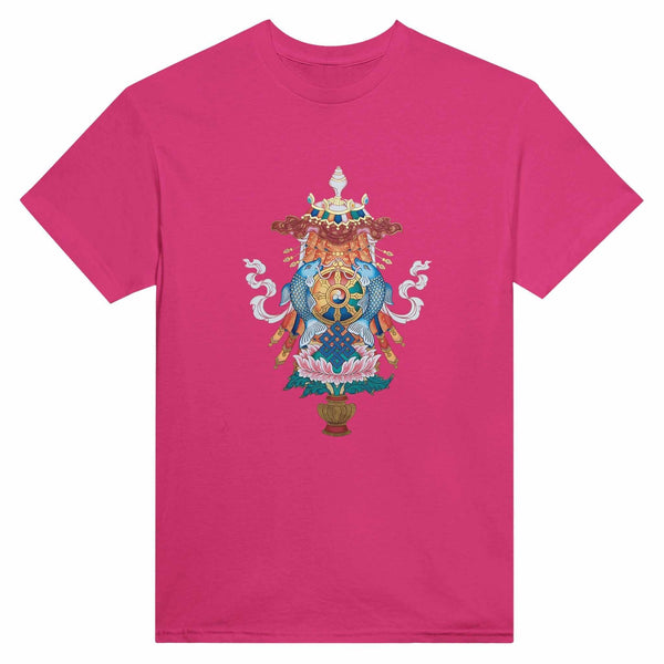 T-shirt rose vif avec symbole bouddhiste tibétain : poissons, roue, nœud éternel et lotus