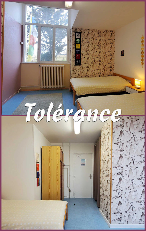 Chambre calme avec lits simples, drapeaux tibétains et papier peint montagne, idéale pour la méditation et la tolérance.