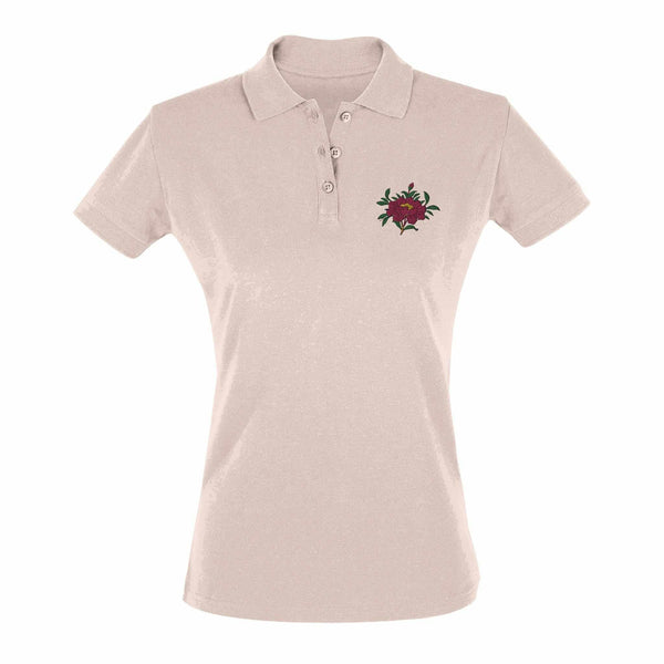 Polo femme beige à col boutonné avec broderie fleur rouge, style tibétain