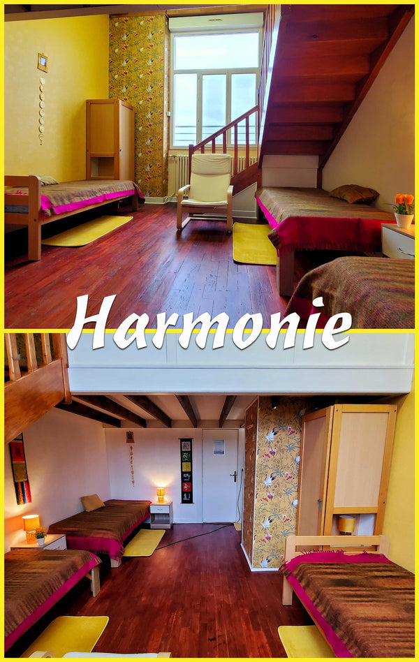 Chambre harmonieuse avec lits simples, tapis de méditation et décoration bouddhiste tibétaine