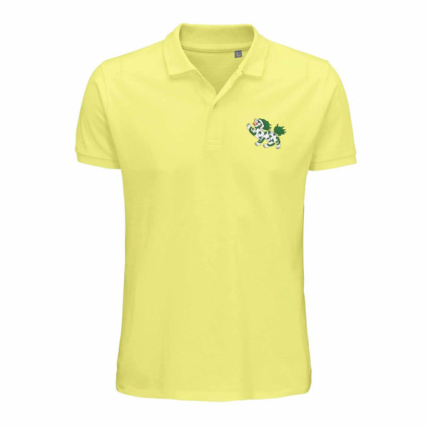 Polo jaune avec lion tibétain brodé, symbole de la culture bouddhiste et de l'Himalaya