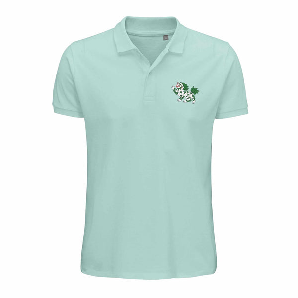 Polo menthe avec lion tibétain brodé, symbole de la culture bouddhiste et de l'Himalaya