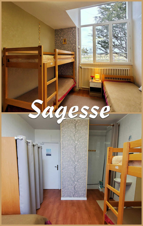 Chambre simple avec lits superposés et vue sur les arbres, idéale pour retraite méditation