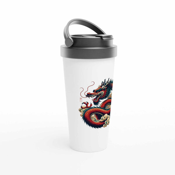 Gobelet blanc avec dragon tibétain rouge et or, symbole de la culture himalayenne