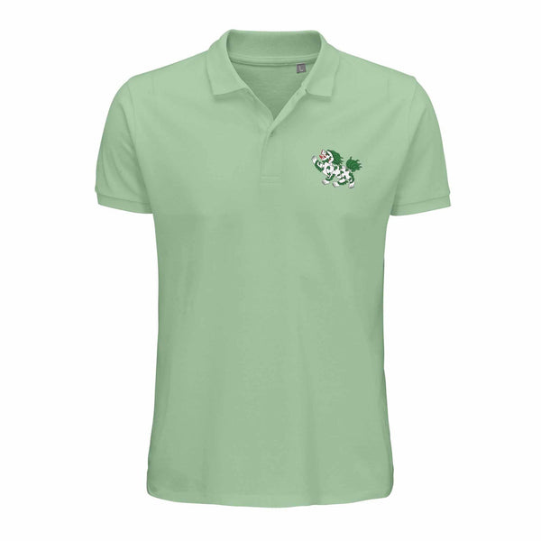 T-shirt polo vert clair avec lion tibétain brodé, symbole de la culture bouddhiste