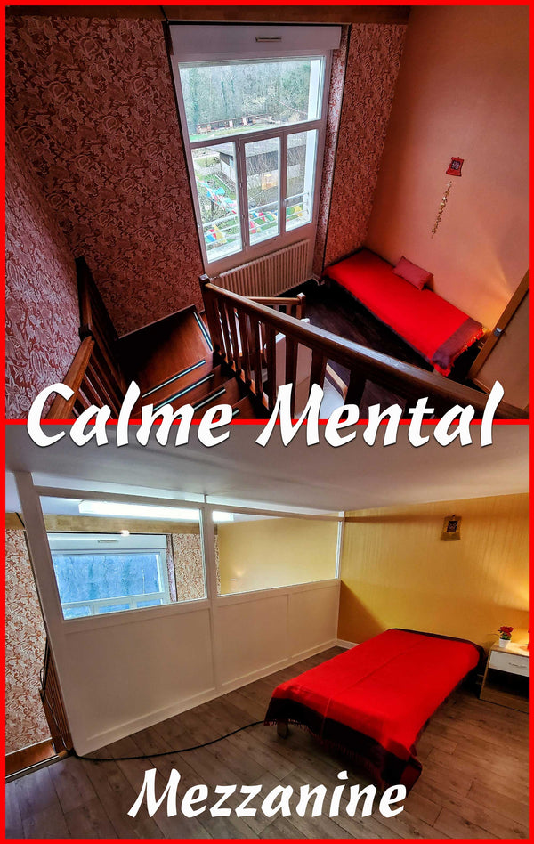 Chambre calme avec lit rouge, fenêtre sur forêt, idéale pour méditation et bien-être mental au centre bouddhiste