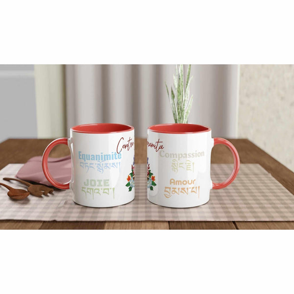 Mug bouddhiste avec équanimité, joie, compassion, amour en français et tibétain, design floral