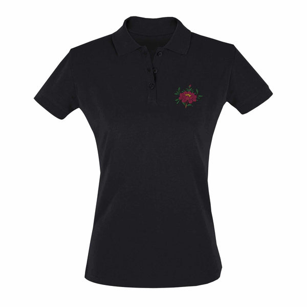 Polo noir femme avec broderie florale rouge, vêtement bouddhiste tibétain