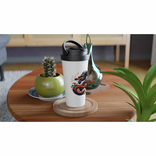 Gobelet isotherme blanc avec dragon tibétain, idéal pour la méditation et la culture bouddhiste