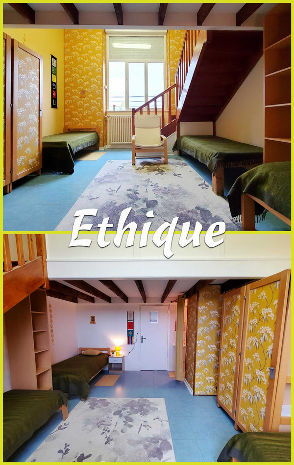 Chambre éthique avec lits simples, tapis floral et décoration bouddhiste tibétaine, idéale pour la méditation