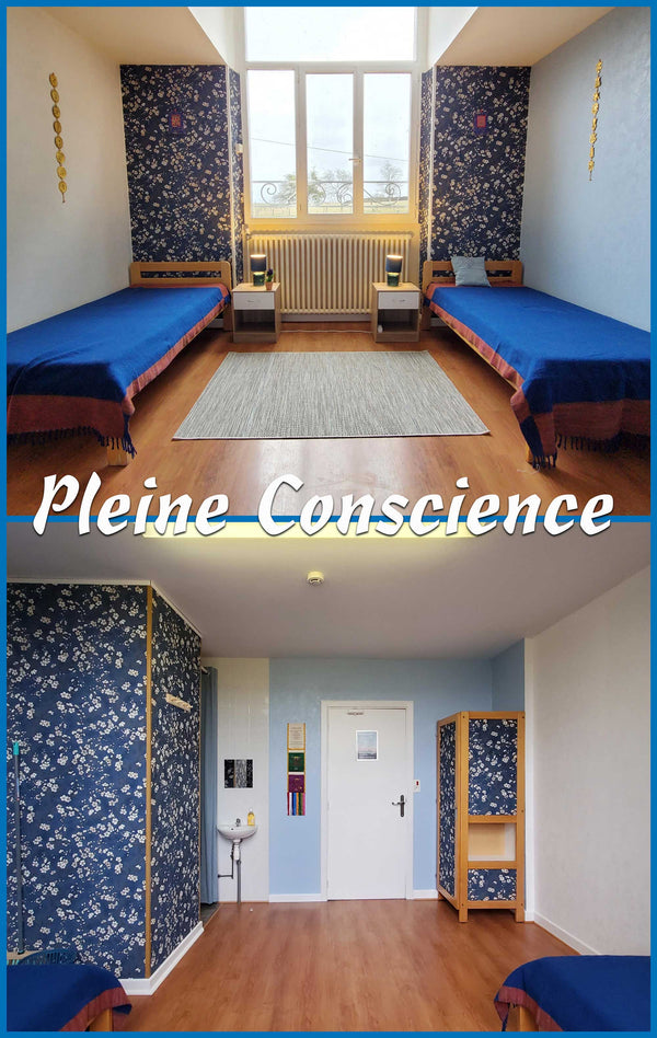 Chambre de méditation avec lits simples, tapis et décor tibétain pour la pleine conscience