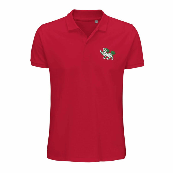 T-shirt polo rouge avec lion tibétain brodé, symbole de la culture bouddhiste