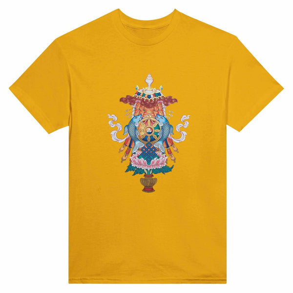 T-shirt jaune avec symbole bouddhiste tibétain, poissons, lotus et roue de la loi