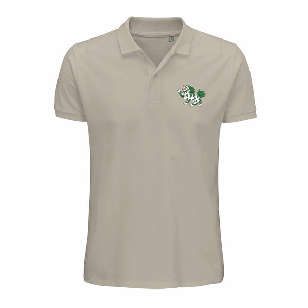 Polo beige avec lion tibétain brodé, symbole de la culture bouddhiste et de l'Himalaya