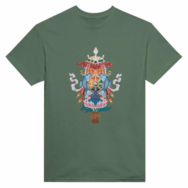 T-shirt vert foncé avec symboles bouddhistes tibétains : poissons, roue, nœud et lotus