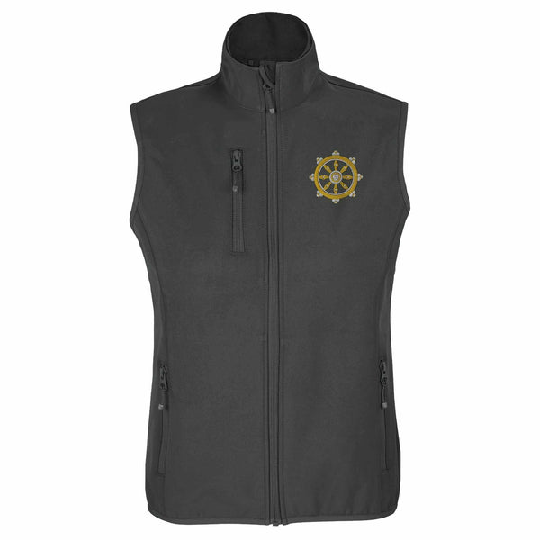Gilet bouddhiste gris avec roue de la loi dorée, symbole de la philosophie tibétaine