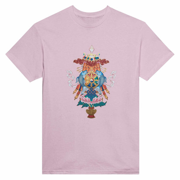 T-shirt rose pâle avec symbole bouddhiste tibétain, poissons, roue, nœud et lotus