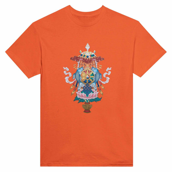 T-shirt orange avec symboles bouddhistes tibétains : poissons, roue, nœud et lotus